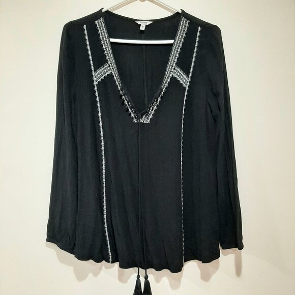 Sonoma boho relaxed fit embroidered lace up blouse with tassels - Picture 1 of 9